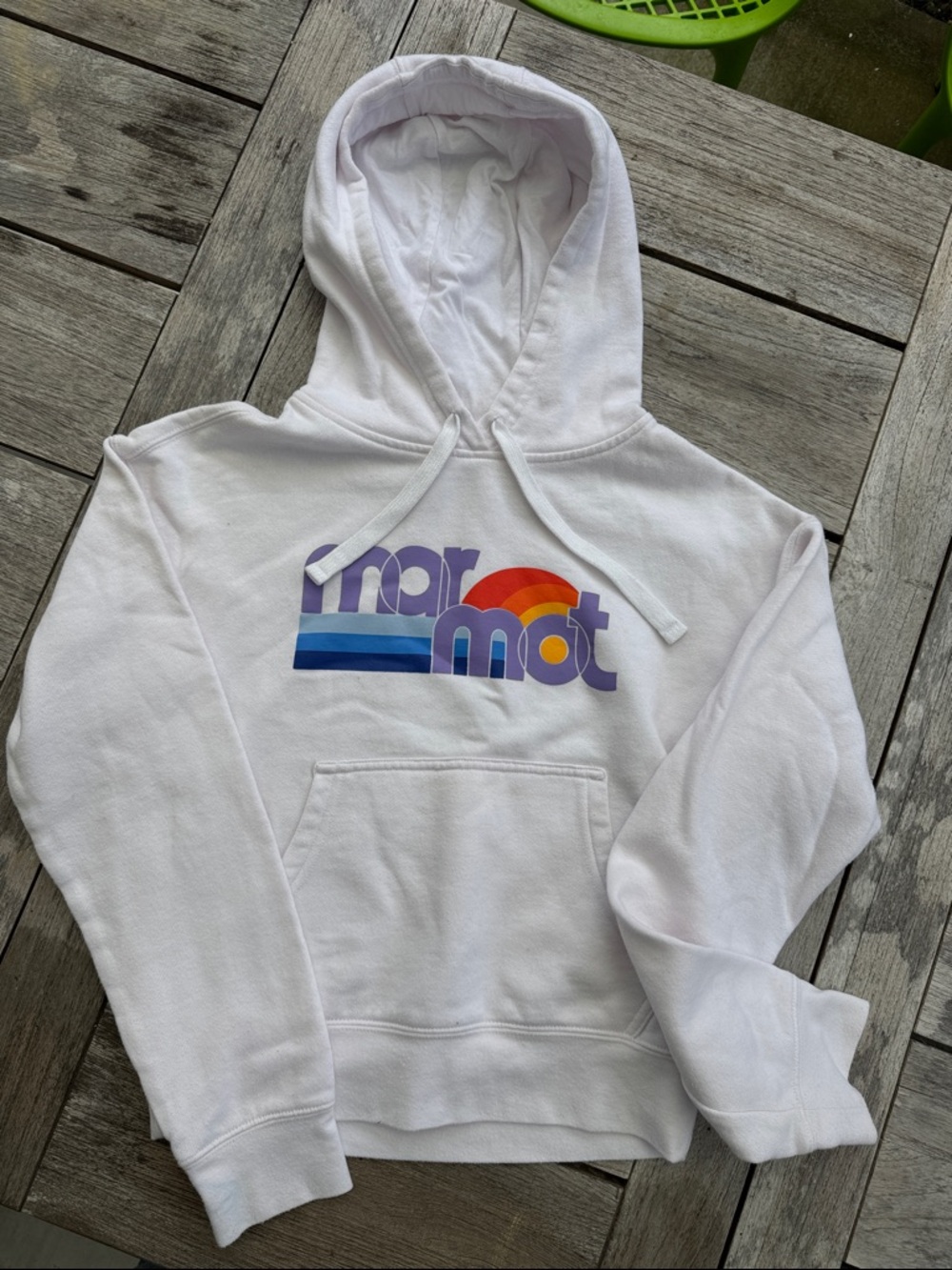 Marmot White Pullover Hoodie with Multicolor Chest Graphic